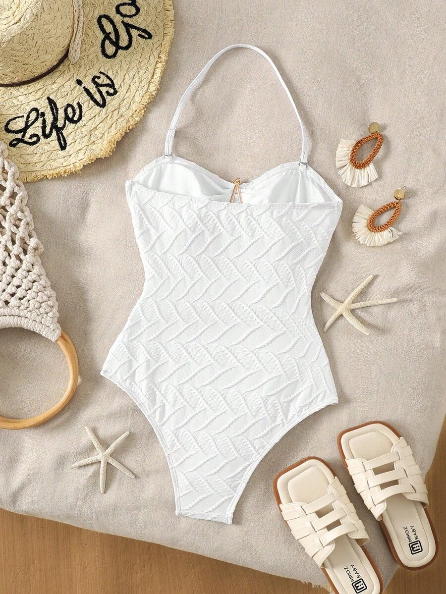Tween Girl White One-Piece Swimsuit,Knit Textured Fitted Bathing Suit With Starfish Decor,Detachable Straps,Summer Beach Pool Party Vacation Holiday - Apricot - View 1