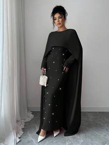 Elenzga Đầm dự tiệc Maxi dài tay dài cổ tròn đính ngọc trai trang trí hình ô dù thu/đông ôm sát eo, thanh lịch và đa năng cho nữ - màu đen - Xem 4