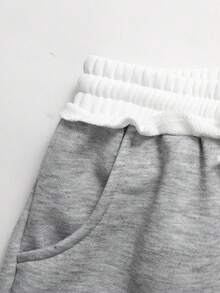 SHEIN 少女骑士刺绣撞色抽绳腰带口袋阔腿休闲运动裤 - 灰色 - 查看 3