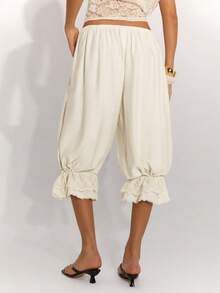 SHEIN BAE 女士纯色弹力腰荷叶边七分裤 - 杏色 - 查看 2