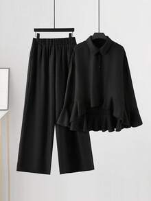 SHEIN Essnce Bộ đồ nữ cỡ lớn thời trang xuân/hè, dáng rộng thoải mái, đa năng, tôn dáng, gồm áo tay loe xếp ly cài nút và quần ống rộng màu đen, trang phục mùa xuân, bộ quần áo. - màu đen - Xem 1