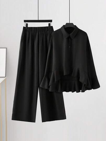 SHEIN Essnce Plus-Size Women's Spring/Summer Fashion Casual Loose Comfortable Everyday Basic Versatile Slimming Flared Sleeve Ruffle Button Shirt And Wide-Leg Pants Black Two Pieces Set,Spring Outfits,Pants Set