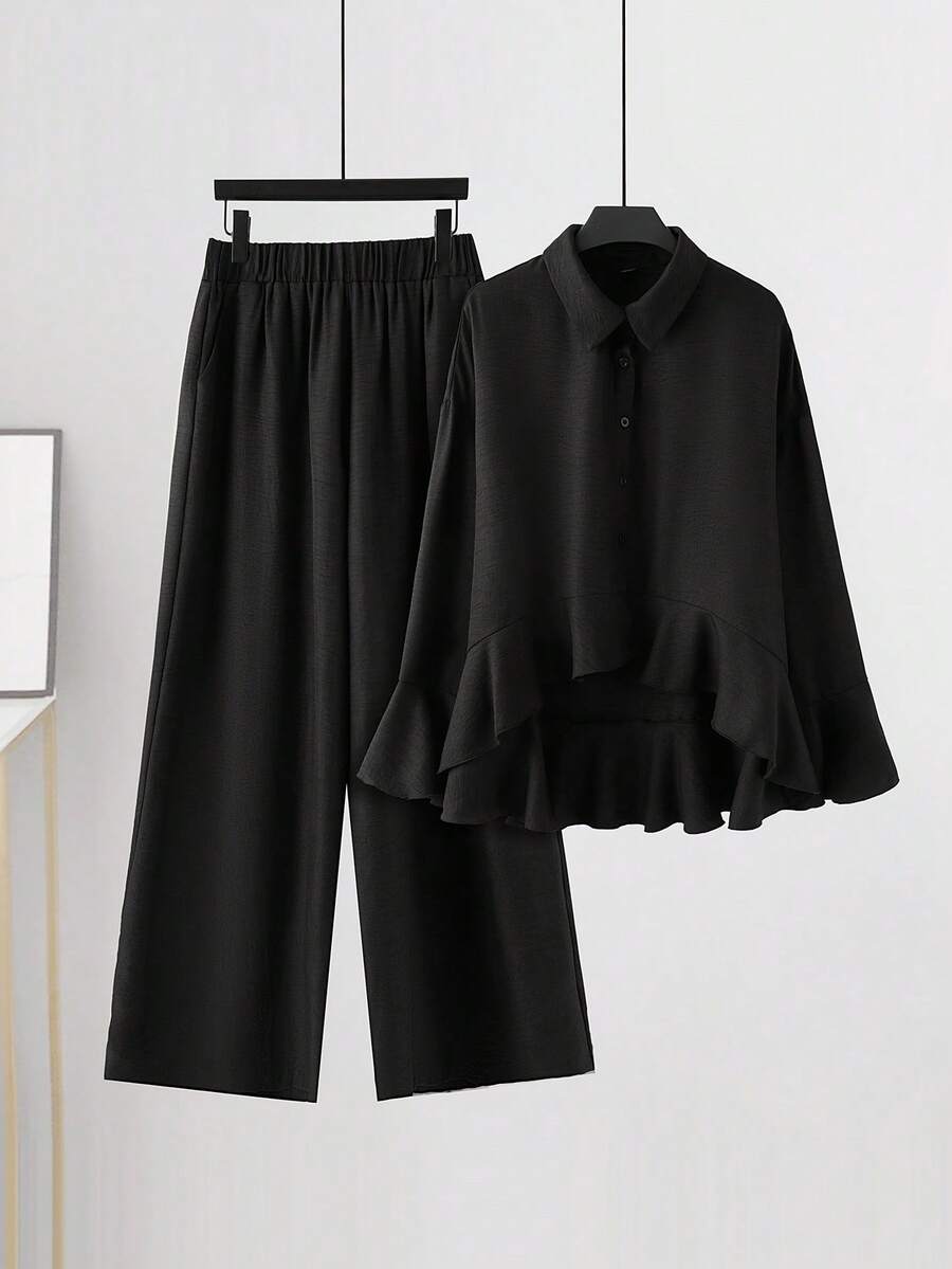 SHEIN Essnce Bộ đồ nữ cỡ lớn thời trang xuân/hè, dáng rộng thoải mái, đa năng, tôn dáng, gồm áo tay loe xếp ly cài nút và quần ống rộng màu đen, trang phục mùa xuân, bộ quần áo. - màu đen - Xem 1