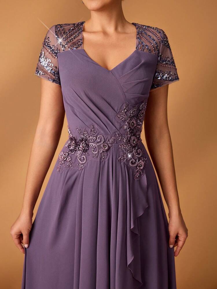 Serin Women's Elegant Gray-Pink Chiffon Fabric Round Neck Sheer Long Sleeve Ruched Sequin Applique Micro-Mermaid Hem Dress, Suitable For Mother Of The Bride Weddings, Events, Parties, Formal Occasions Purple Women Evening Dress Gala Dress Elegant Mother Of The Bridal Dress Evening Mother Of Groom Dress - Purple - View 2