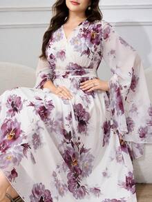 Modelyn Plus Size Women Floral Print Flare Sleeve Elegant Dress - Red Violet - View 7