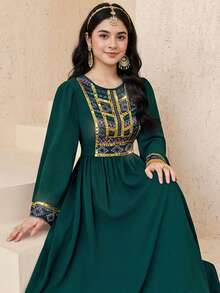 SHEIN 少女橄榄绿拼布印花图案金色丝带休闲连衣裙 - 墨綠色 - 查看 3