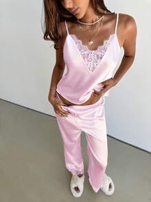 Aloruh Women's Elegant Solid Color Lace Patchwork Long Sleepwear Set - Pink - View 6