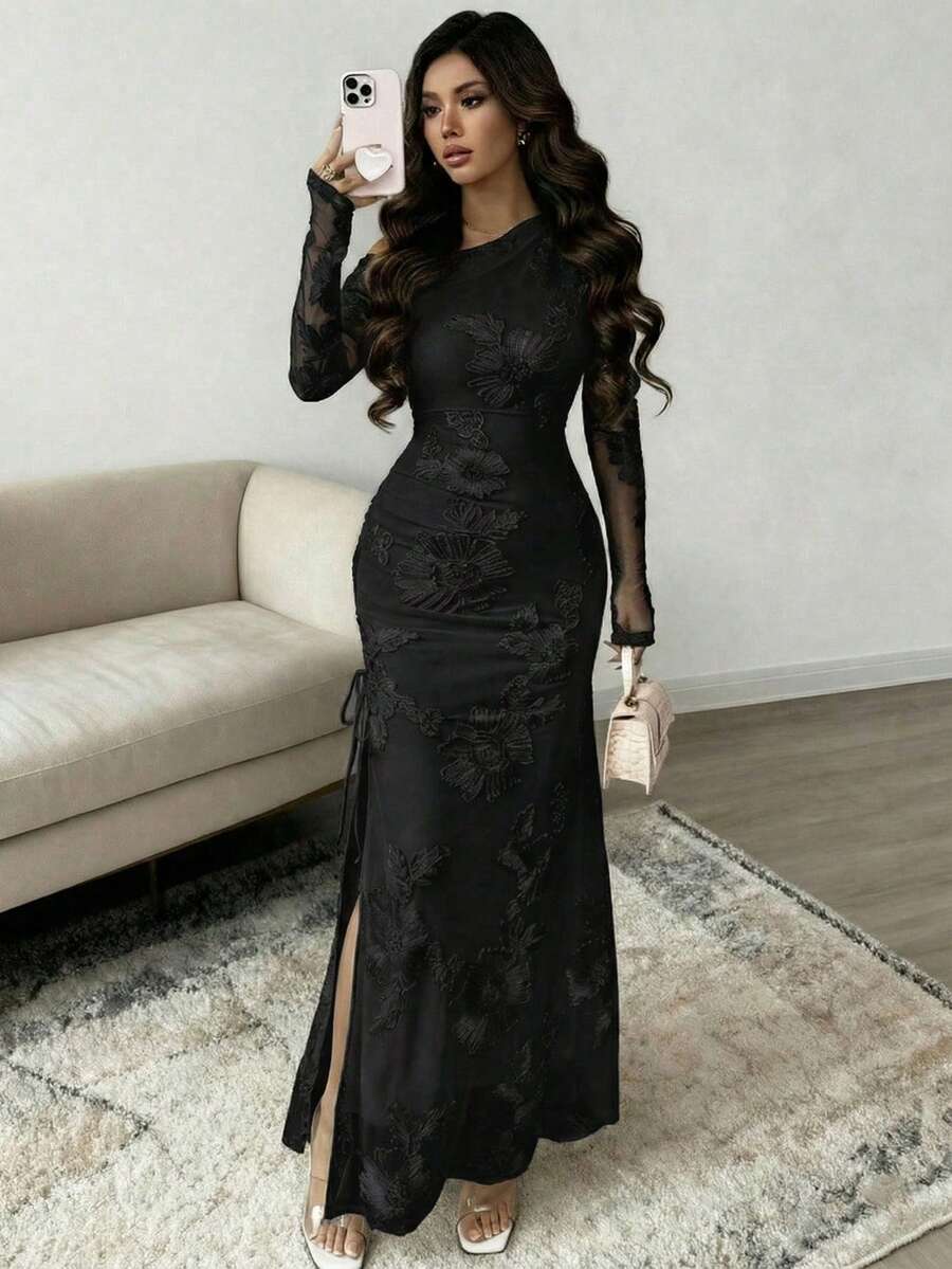 Rafferiza Đầm dài tay màu trơn dành cho nữ, phối lưới jacquard, cổ áo bất đối xứng và xẻ tà. - màu đen - Xem 1