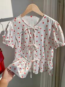Comfortcana Women's Valentine's Day Heart Print Tie Front Shirt Valentine Clothes - White - View 5