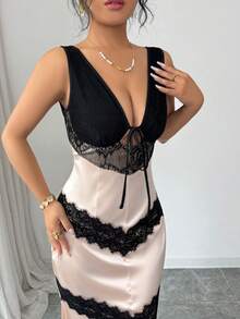 Elenzga 女士优雅时尚通勤休闲舒适迷人复古浪漫假日无袖V领修身鱼尾撞色缎面蕾丝连衣裙 - 香檳色 - 查看 4