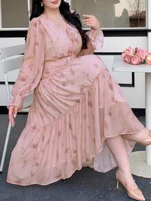 Dazy Plus Floral Print V-Neck Tie Waist Lantern Sleeve Fitted Elegant Maxi Dress, Plus Size, Pink, Resort Style