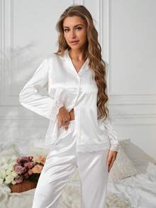 Côtesoire 女士拼接蕾丝撞色领长袖上衣长裤睡衣套装，白色，秋冬舒适优雅细节 - 白色 - 查看 4