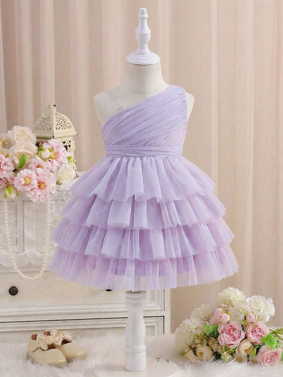 Cute Baby Girl High-End Simple Elegant Summer Purple Mesh Ruffled One-Shoulder Dress. Suitable For Birthday Parties, Evening Parties, Performances, Weddings, Baptisms, And Opening Ceremonies. Perfect For Spring And Summer.