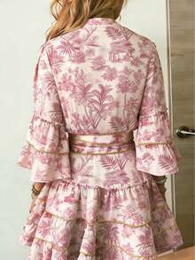 Almamuse Retro French Fashion Women's New Cropped Shirt Dress With Unique Print, Sexy Bell Sleeve, Contrast Trim With Chain Design, Suitable For Outings, Vacations, School, Music Festivals - Pink - View 3