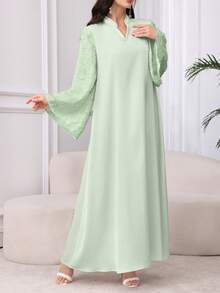 Al Najma 酒红色女士V领喇叭袖仿珍珠装饰优雅阿拉伯连衣裙，优雅端庄魅力束腰长袍阿拉伯连衣裙，适合晚宴/日常休闲穿着 - 綠色 - 查看 5