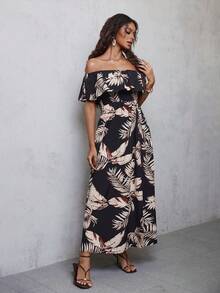 Eryvara Vestido longo com estampa de plantas, ombros à mostra e fenda na coxa, ideal para férias de verão. Perfeito para a praia. Vestido longo estilo havaiano, perfeito para férias. Vestido longo de verão com ombros à mostra. Vestidos femininos para o verão. Look de praia feminino. Vestido com estampa tropical. - Multicolorido - Ver 5