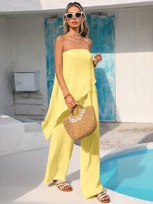 Vivid Eden 2pcs Women Casual Strapless Asymmetrical Hem Top And Loose Wide Leg Pants Set, Textured Fabric, Spring/Summer Vacation - Yellow - View 3