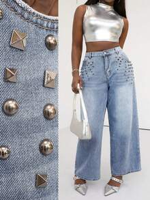 Slaydiva Jeans de pierna ancha de talla grande con lavado casual y decoración de remaches para primavera/verano - Azul - Ver 1