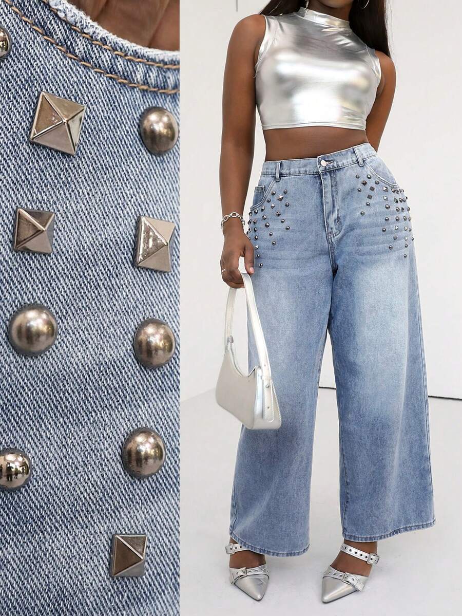 Slaydiva Jeans de pierna ancha de talla grande con lavado casual y decoración de remaches para primavera/verano - Azul - Ver 1