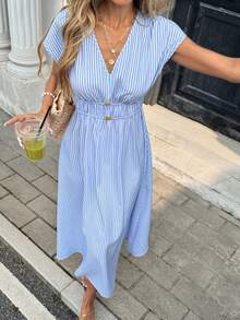 Serisse 女士V领条纹印花休闲度假中长连衣裙 - 藍白色 - 查看 9