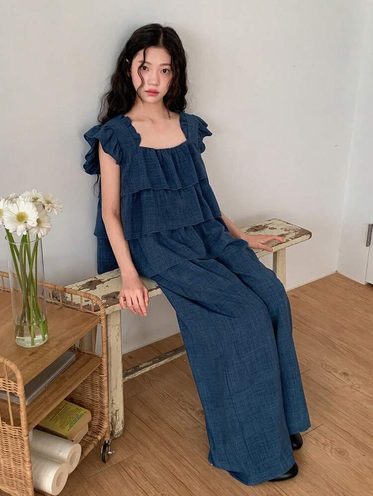 Teen Girls' Summer Casual Vacation Solid Color Ruffle Armhole Layered Hem Top & Wide Leg Pants Set Spring