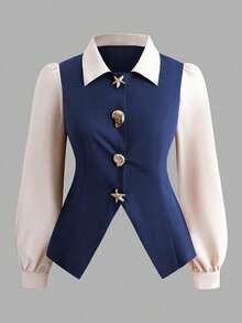 SHEIN Clasi 大码女装两件套：优雅通勤长袖二合一上衣搭配A字裙，饰有精美大纽扣，适合春、夏、秋、冬四季穿着。 - 藏蓝色 - 查看 3