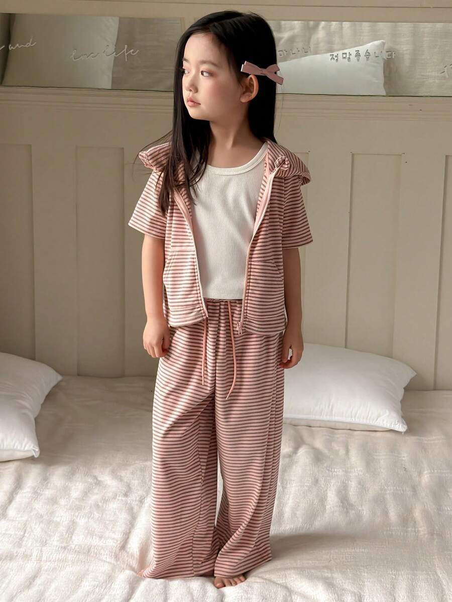 DAZY Young Girl Striped Short Sleeve Zip Front Hoodie And Pants Loungewear Set - Pink - View 1