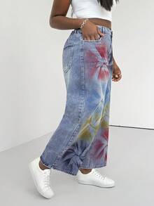 Slaydiva Plus Size Women High Waist Pockets Floral Print Wide Leg Loose Casual Versatile Jeans - Blue - View 3