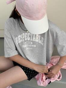 DAZY 少女印花落肩T恤，秋夏季 - 灰色 - 查看 3