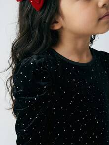 Maija Kids Young Girl Black Velvet Glitter Round Neck Puff Sleeve Casual Long Sleeve T-Shirt - Black - View 3