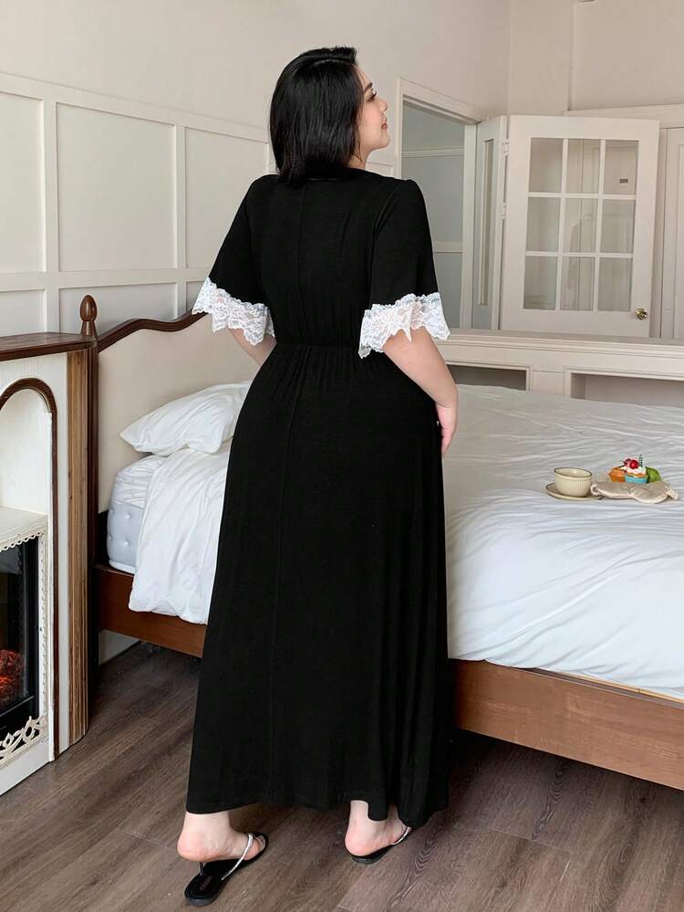 Dazy Plus Plus Size Women Elegant V-Neck Contrast Lace Waist Cinched Long Nightgown, Sexy Sleepwear, Black, Spring/Summer