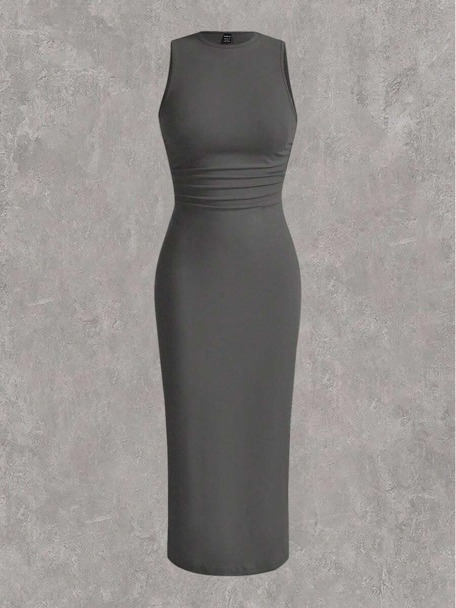 SHEIN EZwear 深灰色女士纯色修身针织连衣裙 - 深灰色 - 查看 1
