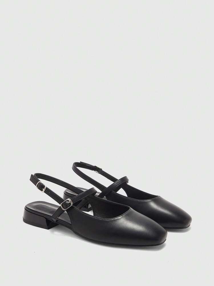 CUCCOO BIZCHIC Women's Square Toe Chunky Heel Flat Black Comfortable Minimalist Commuter Flat Mary Jane Backless Slip-On Shoes, Versatile For Daily Wear And Work For Christmas Valentine's Day Spring Shoes