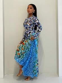 BamGleam Floral Contrast Mesh Puff Sleeve Elegant Romantic Vacation Dress - Blue - View 8