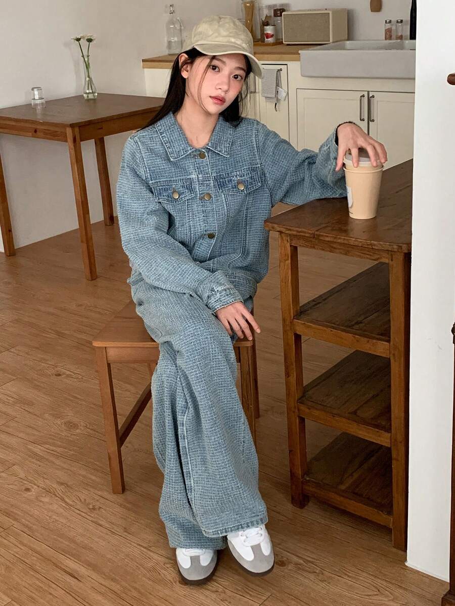 DAZY Teen Girl Stand Collar Single-Breasted Long Sleeve Jacket And Wide-Leg Pants Casual Daily Outfit - Blue - View 1