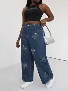Slaydiva 春夏大码女式水钻花朵口袋阔腿宽松休闲牛仔裤 - 藍色 - 查看 12