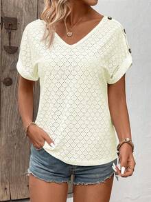 女士V领纽扣装饰休闲百搭通勤短袖T恤 - 杏色 - 查看 5