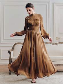 Anewsta Romantic Elegant Party Rhinestone Embellished Waist Dress - Coffee - View 3