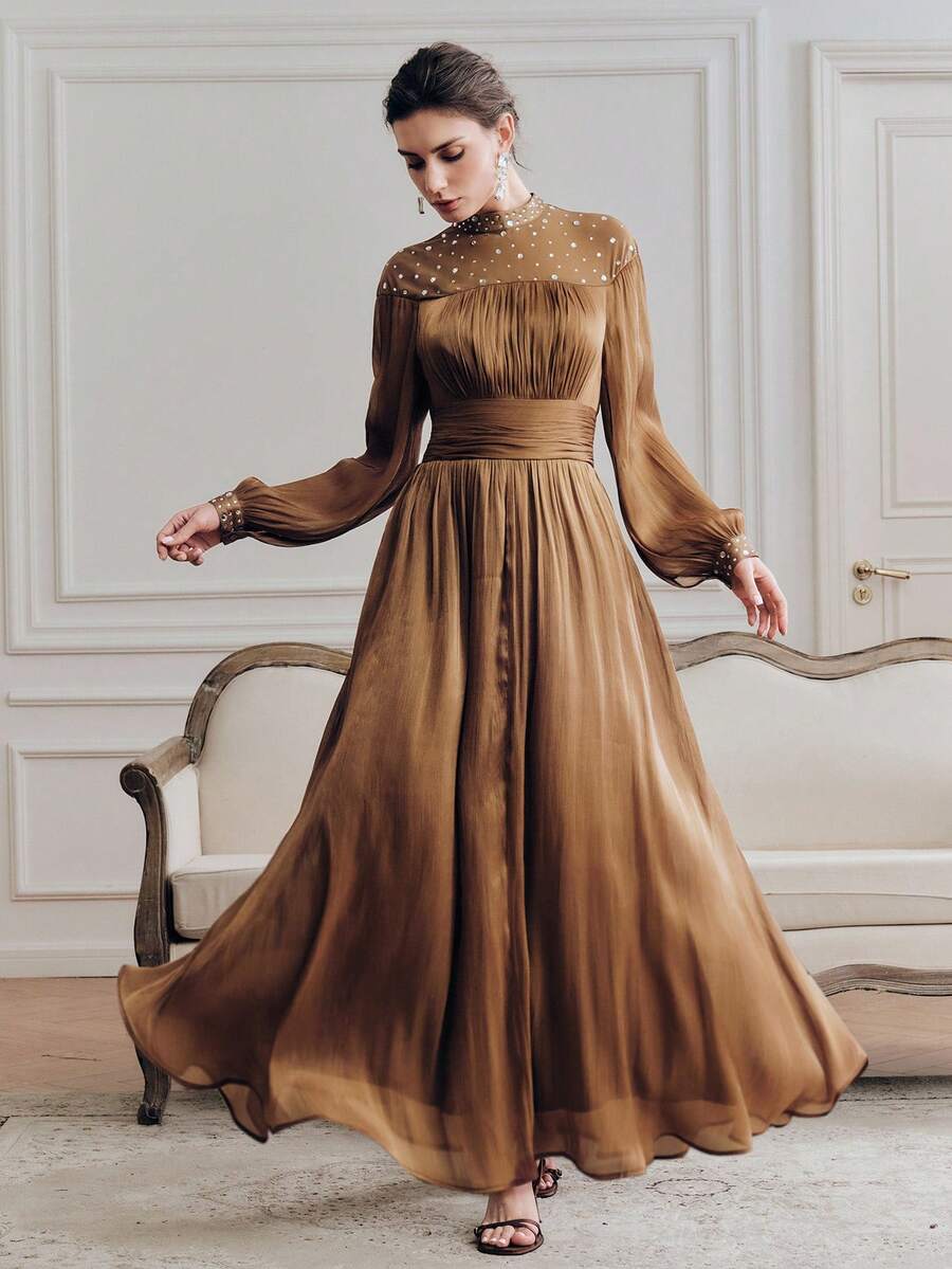 Anewsta 浪漫优雅派对水钻装饰腰部连衣裙 - 咖啡 - 查看 1