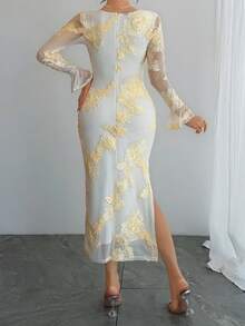 DAZY Women's Embroidered Mesh Patchwork Square Neck Long Sleeve Dress Wedding Guest Dress Sundress - Apricot - View 3