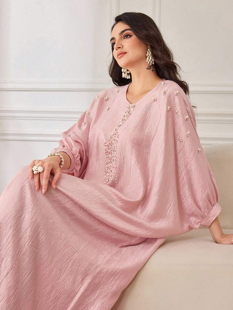 SHEIN Najma Đầm thời trang dáng rộng, tối giản, đính hạt cườm dành cho nữ - Hồng - Xem 1