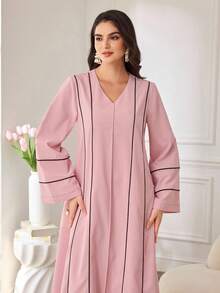 Al Najma Women's New Fashionable Casual Elegant Daily Wear Textured Fabric Splicing Contrast Waistband Loose Comfortable Arabic Style Dress - Pink - View 5