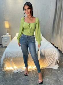 SHEIN SXY Spring/Summer Sweetheart Neckline Tie Front Green Long-Sleeved Chiffon Blouse - Green - View 3