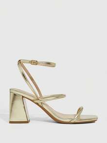 CUCCOO SZL 女士夏季新款方头粗跟金色绑带踝带时尚经典舒适性感高跟凉鞋 - 金色 - 查看 4