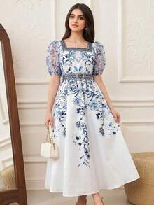 SHEIN Teen Girl White & Blue Floral Retro Print Robe,Middle Eastern/Arabic Style Elegant Summer Party Long Dress,Suitable For Vacation,Short Sleeve Dresses - Blue and White - View 8