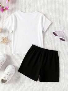 Cartoon Character Print Short Sleeve T-Shirt And Shorts Set For Young Girls - Pink - View 3