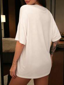 INAWLY Women's Solid Color V-Neck Casual Versatile Short Sleeve Top - White - View 3