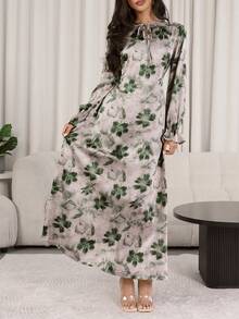 Veilorie 女士印花系领喇叭袖优雅阿拉伯风格连衣裙 - 彩色 - 查看 4