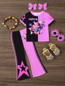 SHEIN 两件套女婴撞色卡通人像图案短袖圆领T恤和喇叭裤套装，适合春夏穿着，Y2K风格 - 彩色 - 查看 2