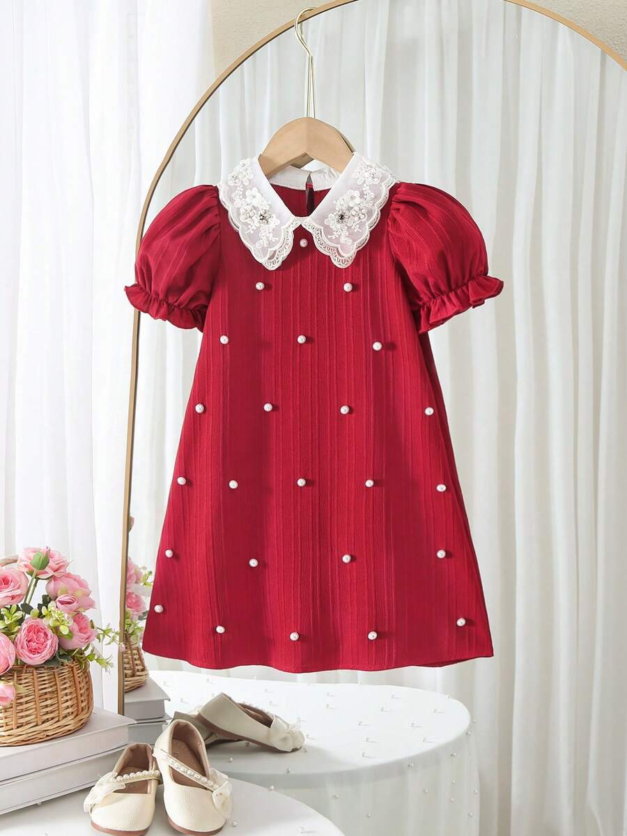 年轻女孩优雅可爱的红色串珠领短袖连衣裙 - 酒紅色 - 查看 1